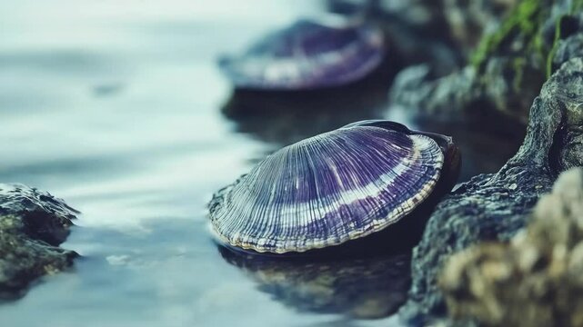 Two purple clam shells on rocky beach with gentle waves washing ashore, close up nature detail of shells, rocks and calm water
