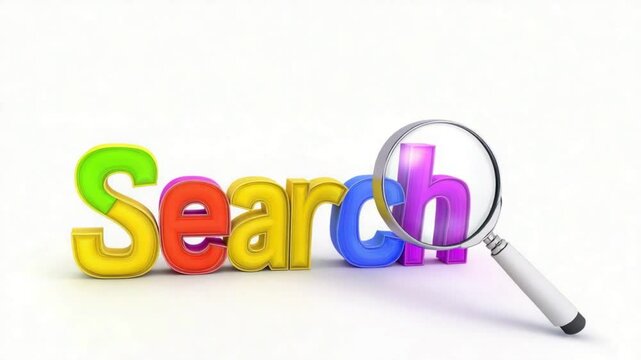 3D colorful word SEARCH with a magnifying glass on a white background, representing idea discovery, inquiry, creative thinking, and exploration