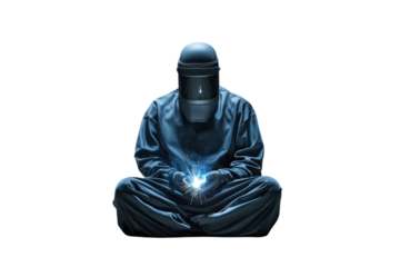 Welder in protective suit and mask sitting cross-legged, holding a welding torch, on a transparent background