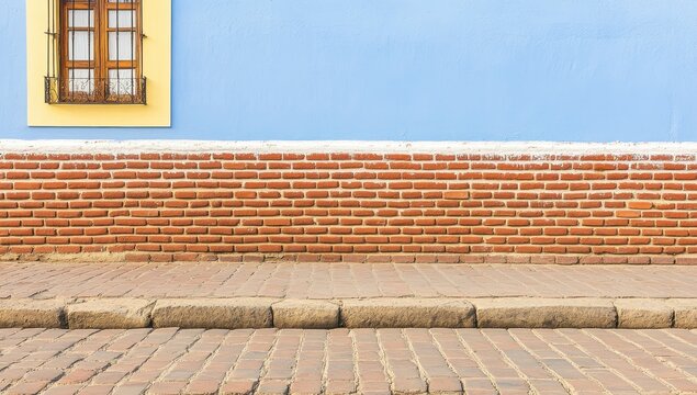 Fototapeta Colorful building exterior with a brick wall and paved street