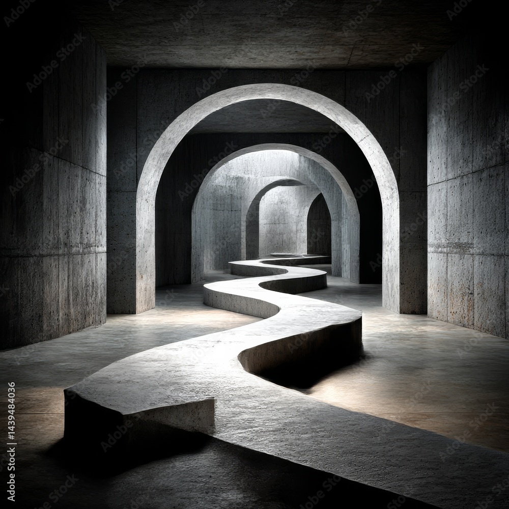 Poster Navigating the Concrete Labyrinth: A Winding Path Through Arched Passages into an Enigmatic Unknown