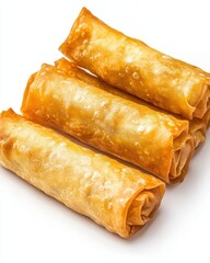 Crispy Golden Spring Rolls Displayed on a Clean White Background Perfect for Gourmet Food Blogs, Restaurants, and Culinary Menus