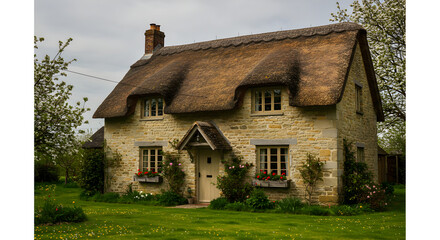 Fototapeta premium Charming Thatched Roof Cottage Surrounded By Spring Blossoms In The Countryside