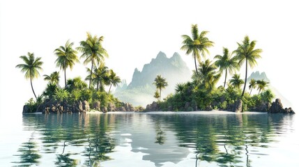 Isolated tropical islands with tall palms and rocky coastlines on white background.