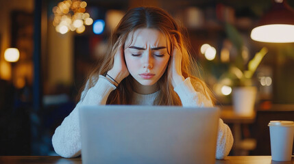cyberbullying, professional burnout. Sad young woman with laptop depressed by bad news, cyber bully and breakup chat. Frustrated Student experiencing headache pain working at laptop