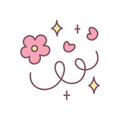 Cute floral illustration. Whimsical design featuring pink flower, hearts, stars and sparkles. Simple hand drawn illustration isolated on a white background. Kawaii sticker. Vector 10 EPS.