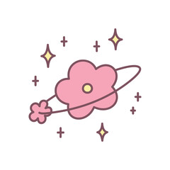 Cute floral illustration. Fancy design featuring a pink daisy planet with a little flower satellite orbiting around it. Simple hand drawn illustration isolated on a white background. Kawaii sticker. 