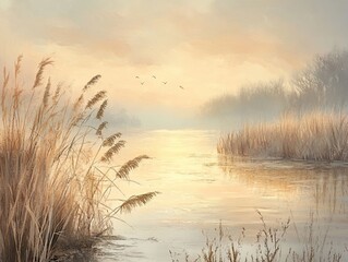 Peaceful golden hour riverside scene