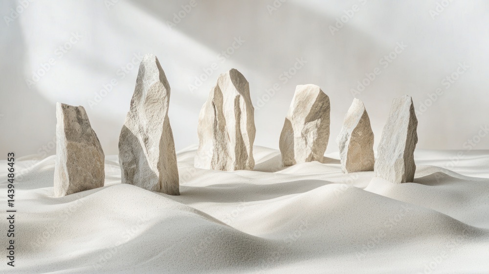 Poster jagged stone formations arranged on a smooth sand surface with soft light and shadows on a white bac