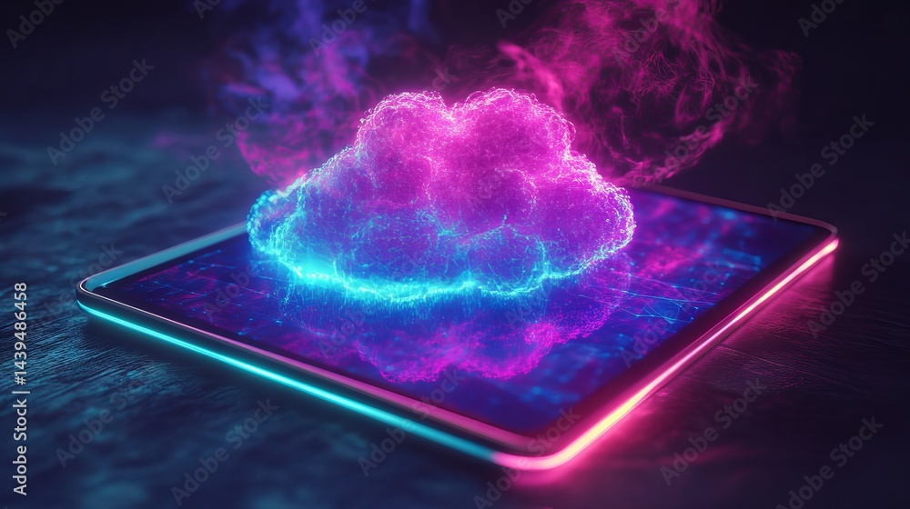 Aufkleber abstract digital cloud computing network technology on tablet web data glow pink blue neon cyber