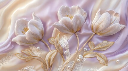 Handcrafted Tulip flowers on silk fabric, delicate design, with pearls and lace.  Possible use Decorative, fashion, and craft inspiration