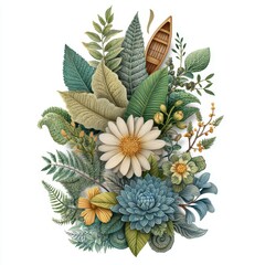 Fototapeta premium Lush Floral Arrangement with White Daisy and Wooden Boat