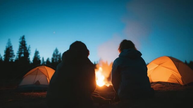 Two campers sit by a glowing campfire at twilight between lit tents, sharing warmth and connection &ndash; outdoor adventure and friendship in nature
