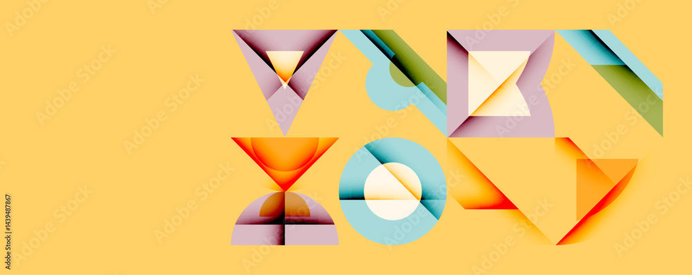 Poster Abstract geometric shapes overlap, creating colorful visual composition. Soft gradients enhance depth, texture.