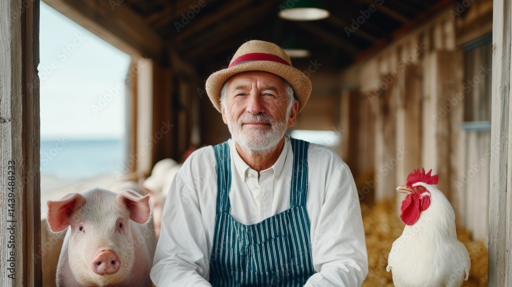 Poster an older man wearing a straw hat and blue apron is posing in front of a pig and a chicken. he is smi
