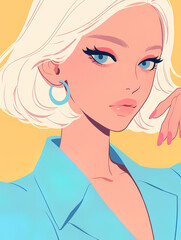 stylish woman with short, wavy platinum blonde hair. She has striking blue eyes and wears large, circular earrings that add a touch of elegance to her look. 