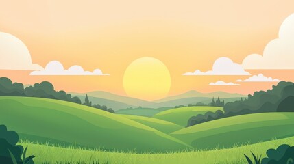 Obraz premium Colorful illustration of a tranquil, rolling hills landscape at sunrise.