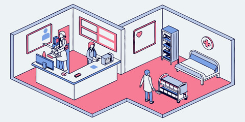 vector illustration of an hospital with staff , doctors 