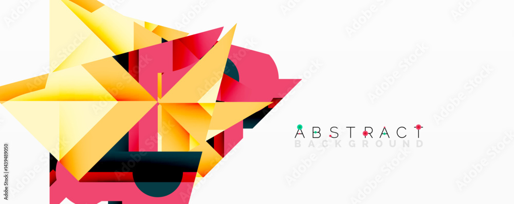 Poster bright polygonal shapes form dynamic composition. yellow, pink, dark shades create modern visual eff