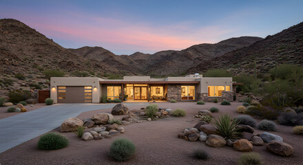 Contemporary Desert Home Nestled Amidst Majestic Mountains At Twilight Hour