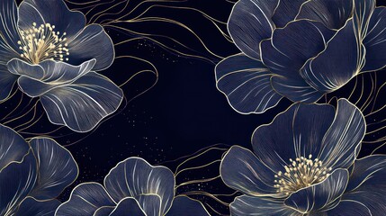 Elegant dark blue flowers gold lines, abstract background, wallpaper design