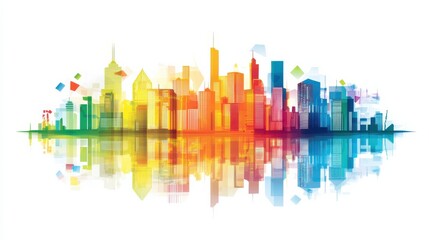 Colorful City Skyline Silhouette with Reflections on a White Background