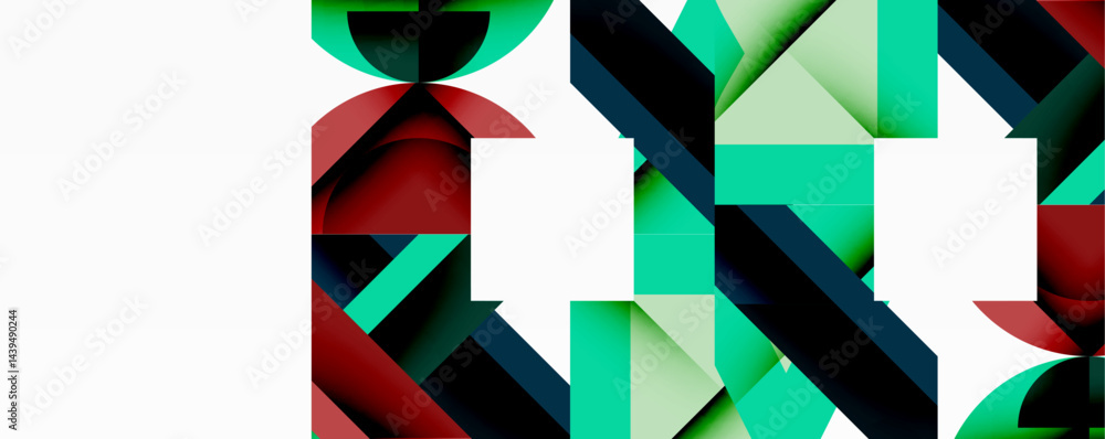 Poster abstract geometric shapes overlap, creating dynamic composition. red, green, black hues dominate whi