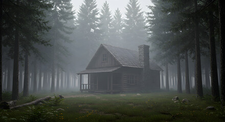 Rustic Cabin Retreat Nestled Among Towering Trees In A Foggy Woodland