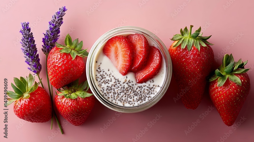 Poster bowl of strawberries and yogurt with a purple flower in the background. the bowl of strawberries and