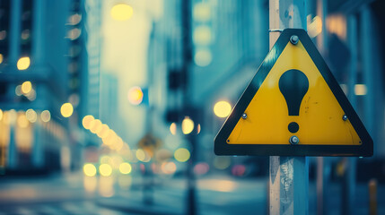 A yellow traffic sign with a black upward arrow and exclamation mark stands out against a backdrop of tall, blurred city buildings. The sign warns of upcoming changes in the road or traffic conditions