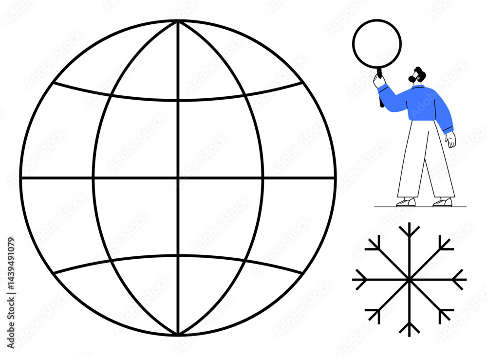 Poster globe with grid lines, person holding a circle, minimal snowflake pattern. ideal for global concepts