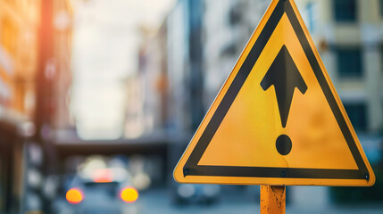 A yellow traffic sign with a black upward arrow and exclamation mark stands out against a backdrop of tall, blurred city buildings. The sign warns of upcoming changes in the road or traffic conditions