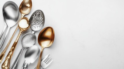 Assorted kitchen utensils on a white surface