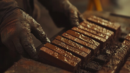 Hands Molding Clay Bricks in a Traditional Process