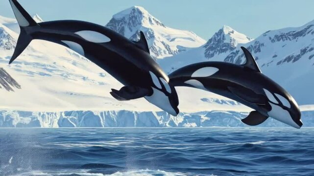 Orcas leaping, Antarctic landscape, wildlife, nature