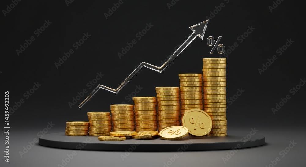 Poster golden coin stacks with growing trend 3d rendering