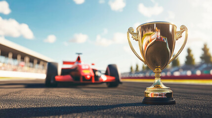 Golden cup trophy standing on the track at Formula 1 red racing car. F1 constructors championship, world champion, Grand prix winner. F1 red car with golden prize for the first place
