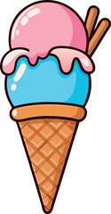 Adorable Kawaii Ice Cream Cone Vector Illustration Featuring Three Smiling Scoops, Colorful Pastel Sprinkles, and Detailed Waffle Cone – Perfect for Summer Themes, Children’s Art, and Sweet Graphics