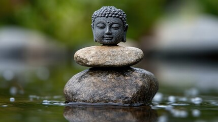 Obraz premium Peaceful Buddha statue atop stacked stones in water