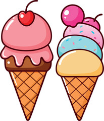 Adorable Kawaii Ice Cream Cone Vector Illustration Featuring Three Smiling Scoops, Colorful Pastel Sprinkles, and Detailed Waffle Cone – Perfect for Summer Themes, Children’s Art, and Sweet Graphics