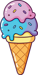 Adorable Kawaii Ice Cream Cone Vector Illustration Featuring Three Smiling Scoops, Colorful Pastel Sprinkles, and Detailed Waffle Cone – Perfect for Summer Themes, Children’s Art, and Sweet Graphics