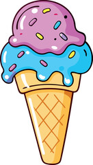 Adorable Kawaii Ice Cream Cone Vector Illustration Featuring Three Smiling Scoops, Colorful Pastel Sprinkles, and Detailed Waffle Cone – Perfect for Summer Themes, Children’s Art, and Sweet Graphics