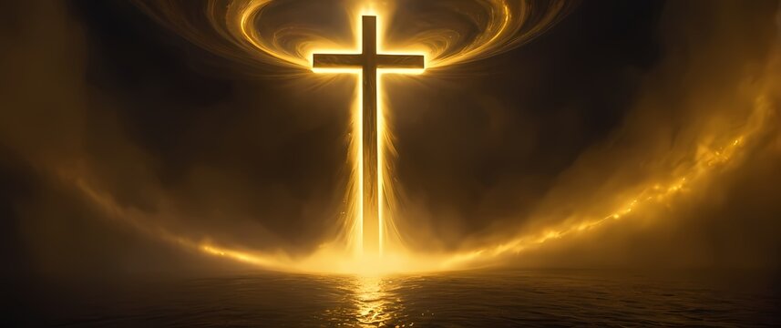 Royal oil paintings of the vertical cross bathed in surreal golden glow and swirling mists. Extremely detailed high resolution illustration.