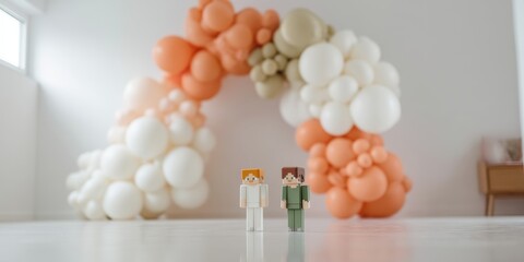 Two pixelated figures at indoor balloon arch, pastel celebration scene. Wedding in videogame pixelated style