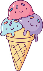 Adorable Kawaii Ice Cream Cone Vector Illustration Featuring Three Smiling Scoops, Colorful Pastel Sprinkles, and Detailed Waffle Cone – Perfect for Summer Themes, Children’s Art, and Sweet Graphics