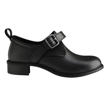 A studio shot of a black leather mary jane shoe with a buckle strap on a black background plain