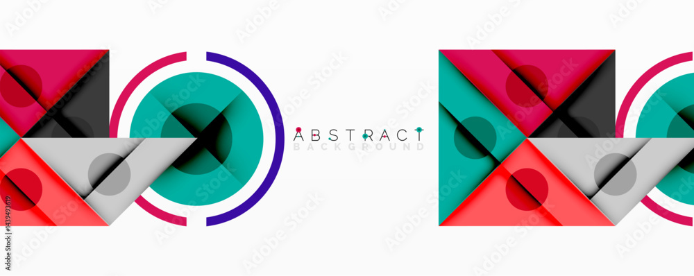 Poster geometric shapes overlap creating vibrant abstract patterns. colors include pink, teal, gray, purple