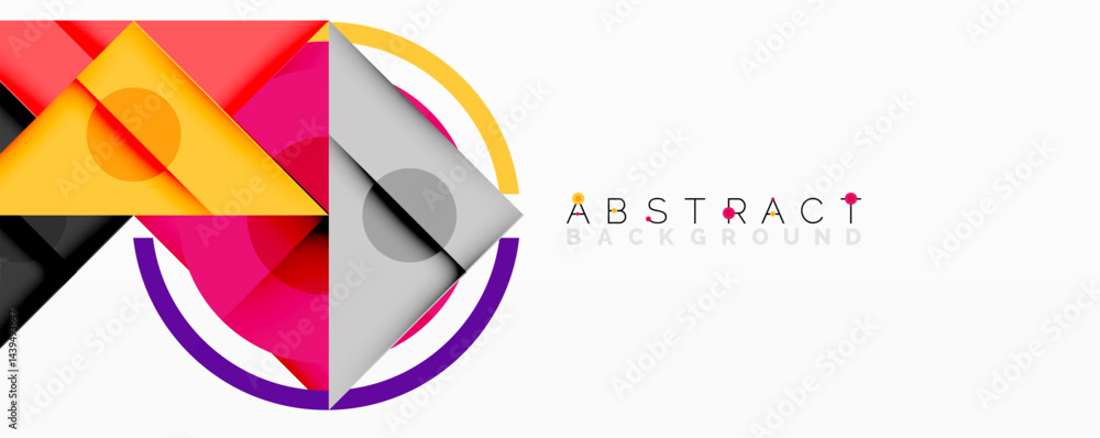 Poster Colorful geometric shapes overlap creating modern abstract design. Bright triangles, circles, curves form dynamic composition.