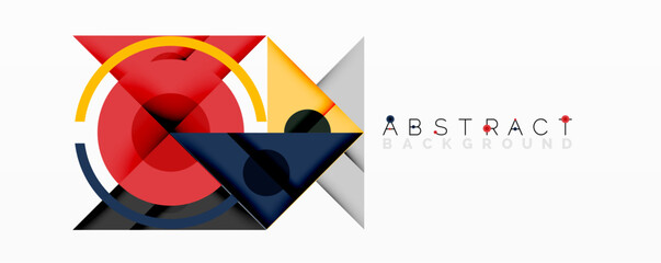 Geometric shapes overlap, creating vibrant composition. Red, yellow, navy dominate design. Minimalist aesthetic, modern feel.