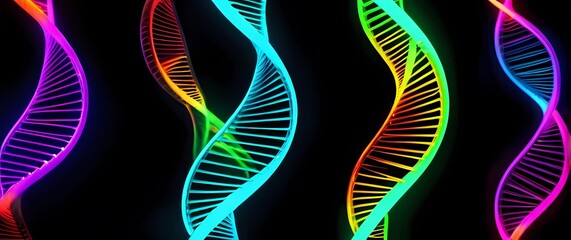 Naklejka premium Rotating DNA double helices illuminated with vibrant neon colors on black backgrounds. Extremely detailed high resolution illustration.